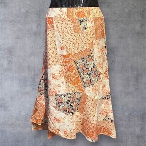 Boho‎ Patchwork Midi Skirt Orange Cream Paisley Floral Print Asymmetrical Hem